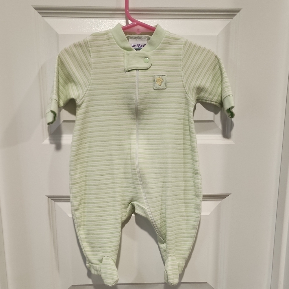 Green Striped Footie One Piece with Collar Embroidered Star Moon